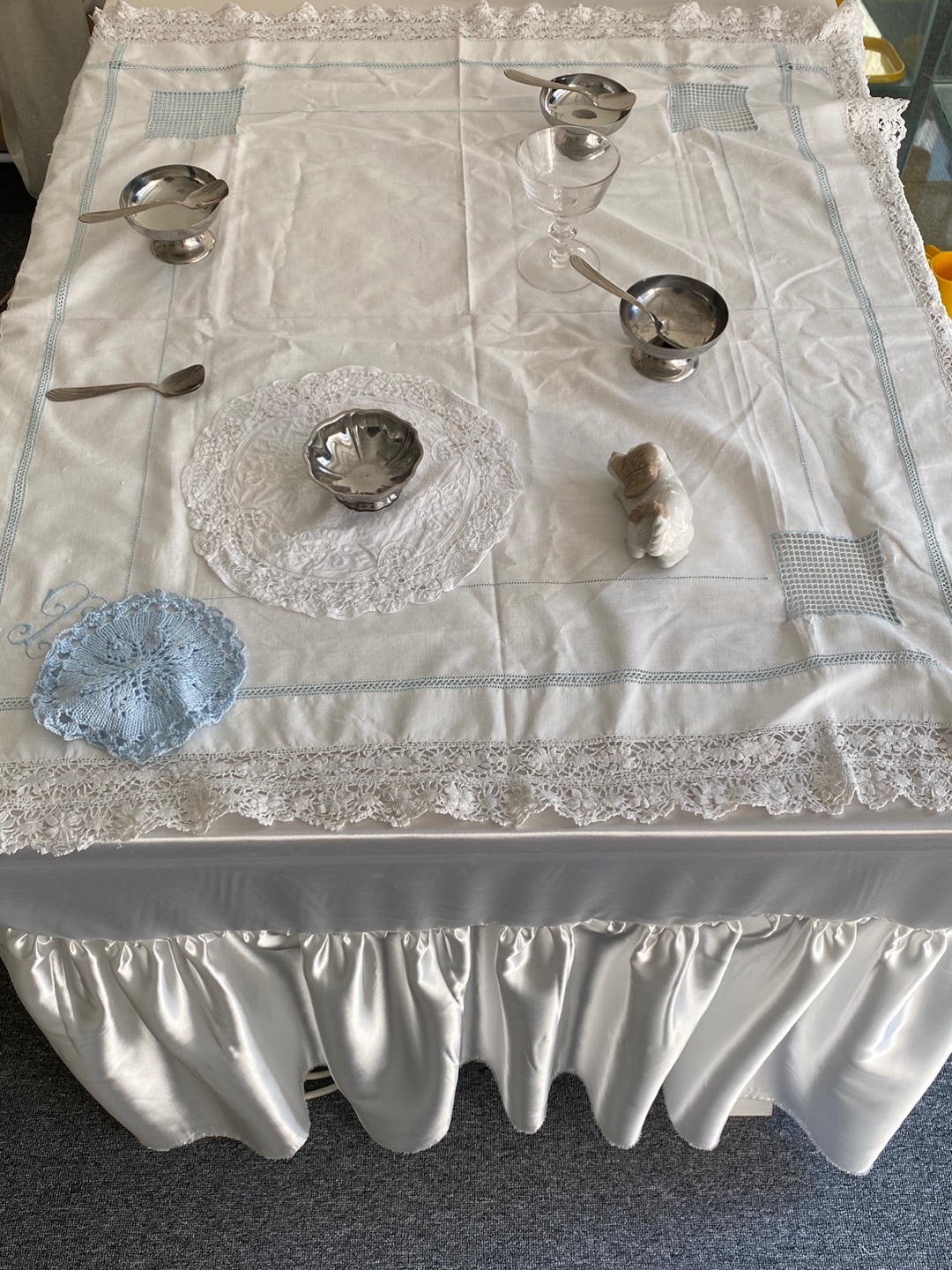 Vintage Tea Tablecloth In White And Pale Blue. Hand Embroidery